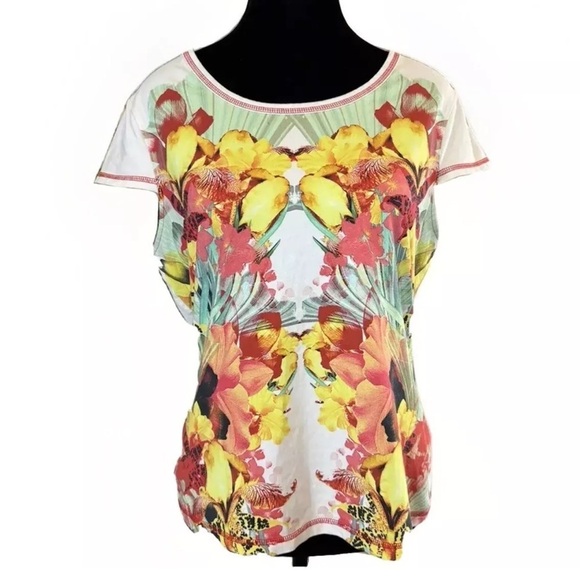 Karen Millen Sz 10 Vibrant Floral Top Cap Sleeves Multicolored Preppy Dainty EUC - Picture 1 of 6